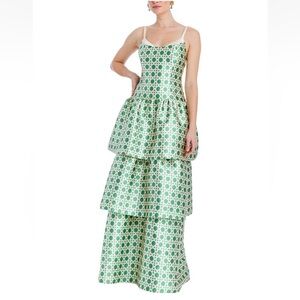 Mestiza Ellison Convertible Green Lattice Patterned Tiered Gown